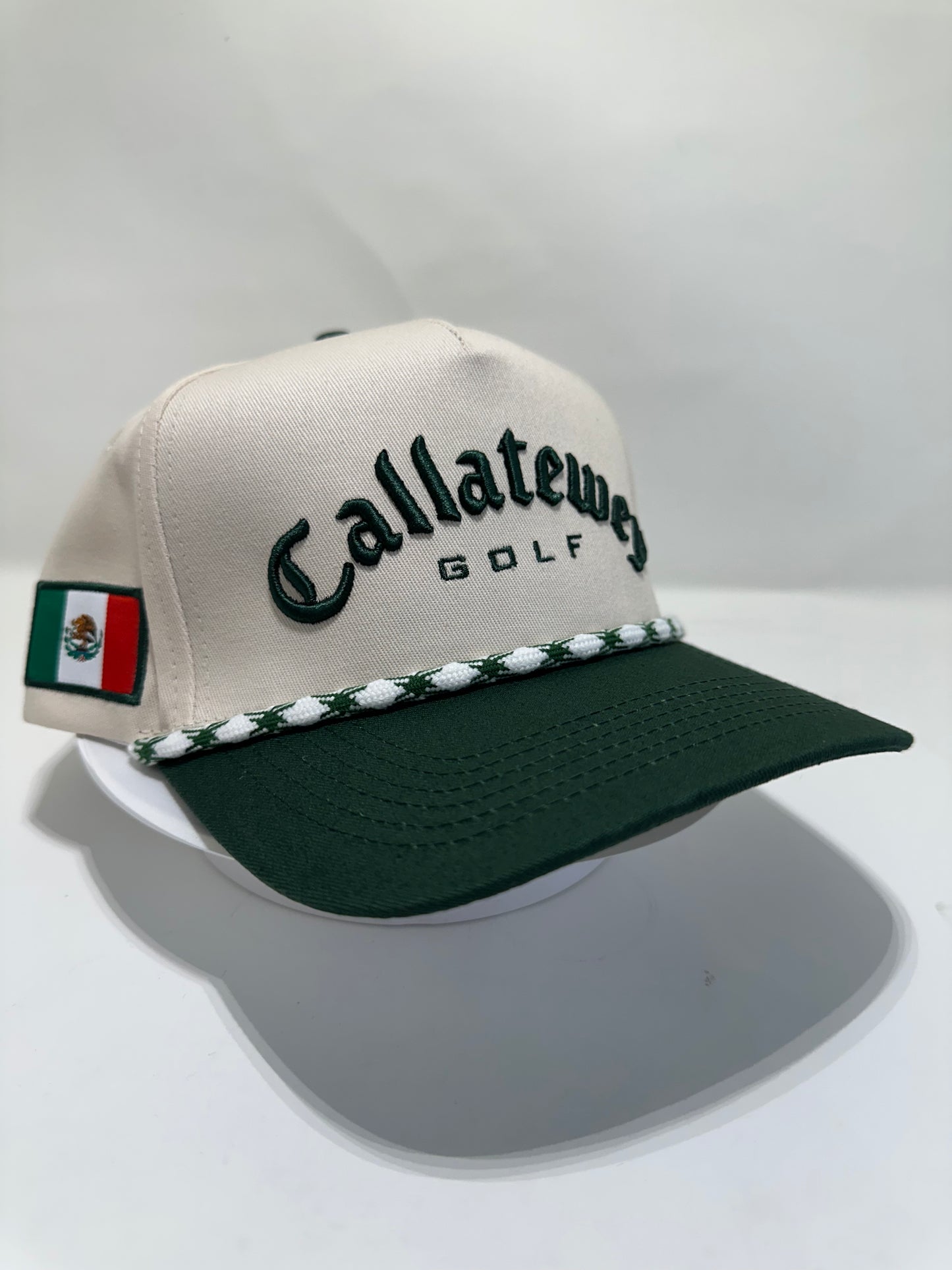 Cállatewey Golf Heritage Rope Hat – Cream/Forest Green with inside saying El vicio