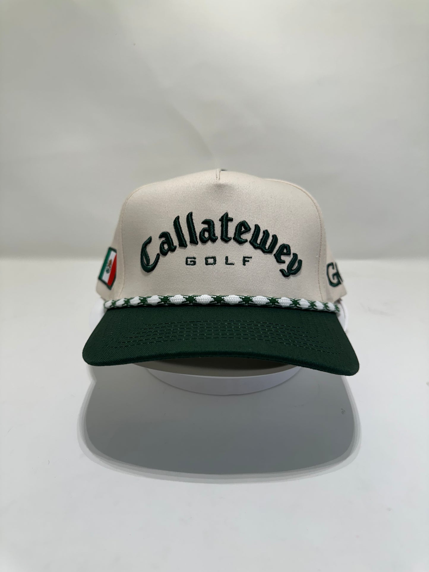 Cállatewey Golf Heritage Rope Hat – Cream/Forest Green with inside saying El vicio